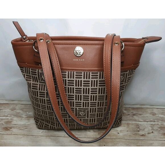Anne Klein Tote Bag Handbag Purse Zip Top Brown/Tan Vegan Leather Canvas - Picture 1 of 15